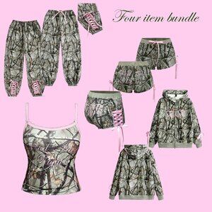 4 ITEMS Pink Embroidery Camo Bad Idea Matching Set Hoodie Shorts Sweats Tank Top